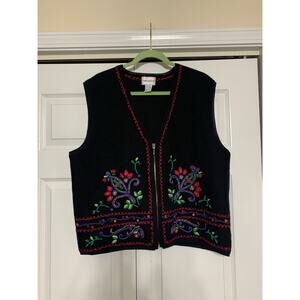 Embroidered Black Cardigan Vest